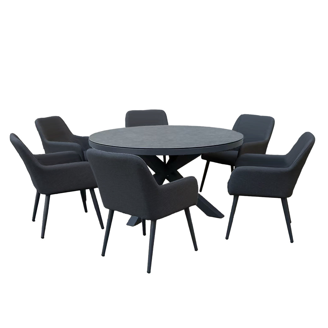JUPITER 150cm Round Dining Table with 6 Dining Chairs in Dark Grey Fabric