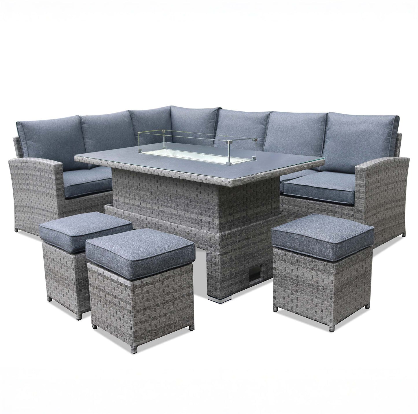MELODY Corner Sofa with Rising Table with Fire Pit and 3 Stools in Grey
