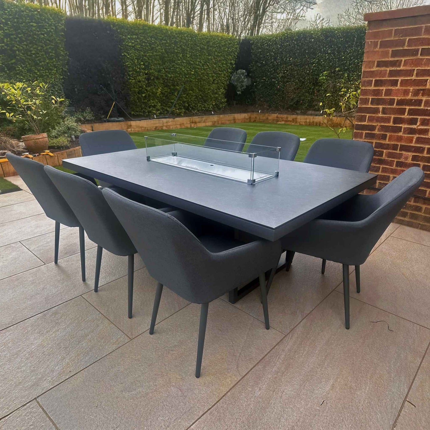 JUPITER 2m x 1.2m Dining Table with Fire Pit and 8 Dining Chairs in Dark Grey Fabric