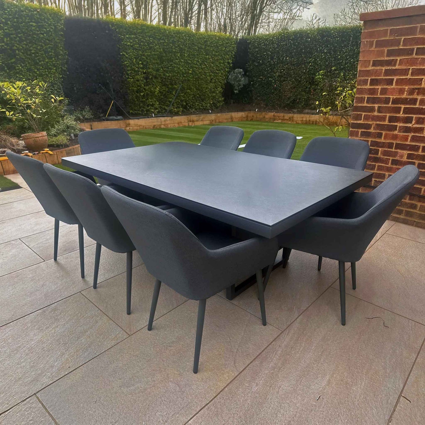 JUPITER 2m x 1.2m Dining Table with 8 Dining Chairs in Dark Grey Fabric