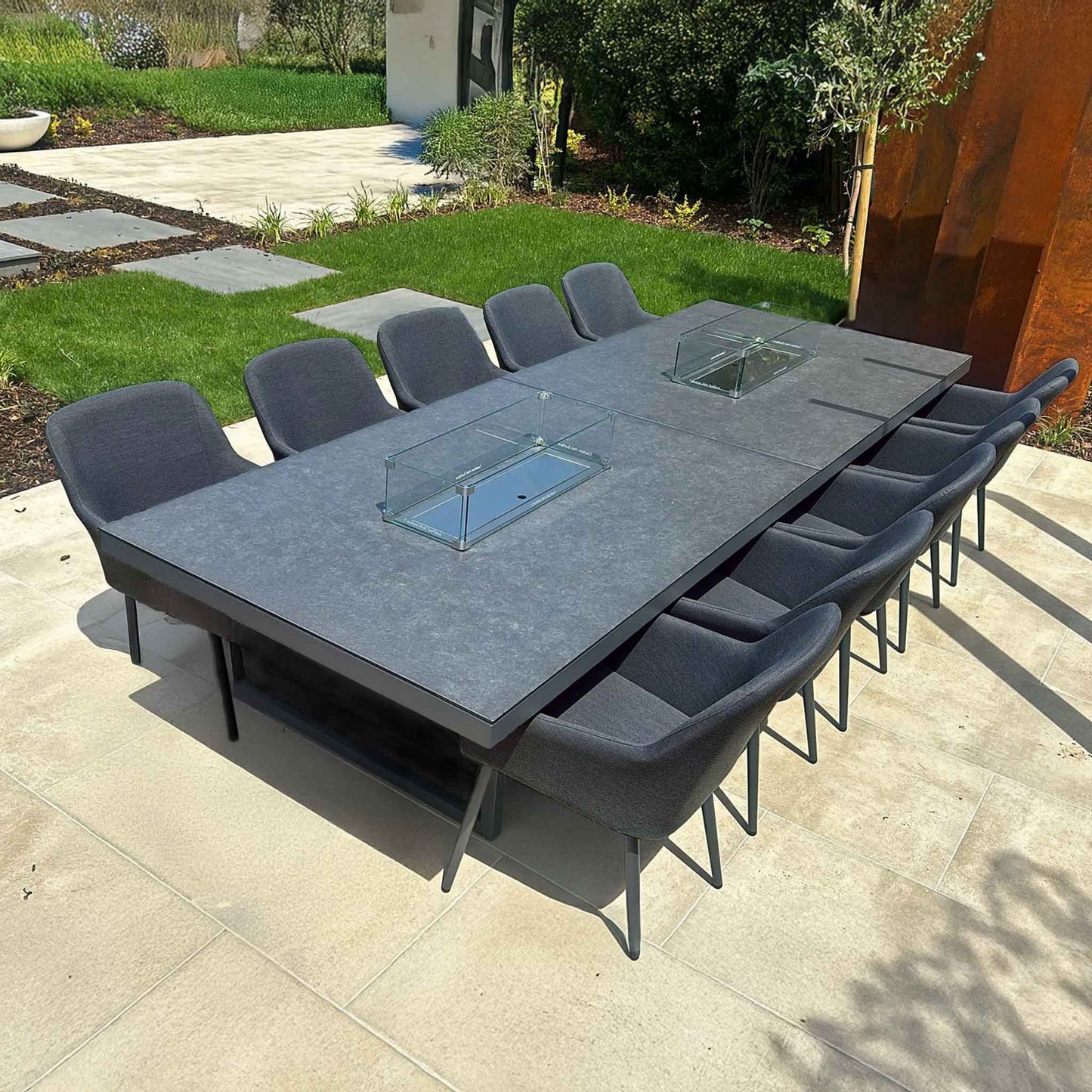 JUPITER 3.4m x 1.2m Dining Table with Fire Pit and 10 Dining Chairs in Dark Grey Fabric