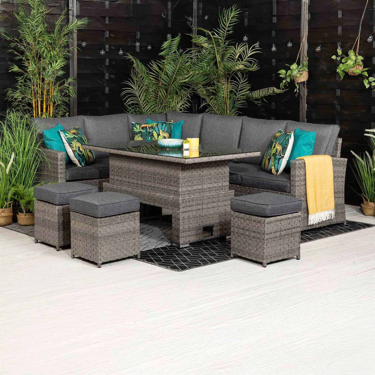 MELODY Corner Sofa with Rising Table and 3 Stools in Grey