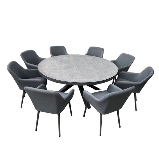 JUPITER 175cm Round Dining Table with 8 Dining Chairs in Dark Grey Fabric