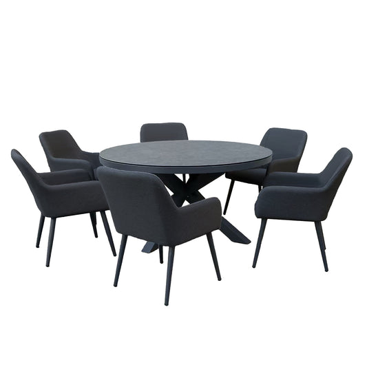 JUPITER 150cm Round Dining Table with 6 Dining Chairs in Dark Grey Fabric