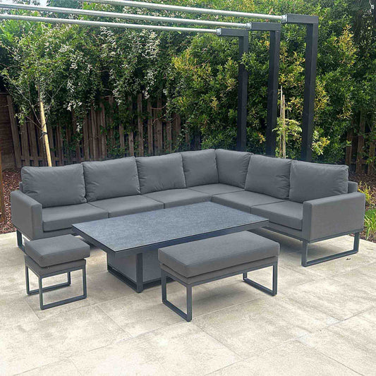 JUPITER Corner Sofa with Rising Table, Stool and Bench in Dark Grey Fabric