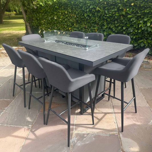 JUPITER Bar Table with Fire Pit and 8 Bar Stools in Dark Grey Fabric