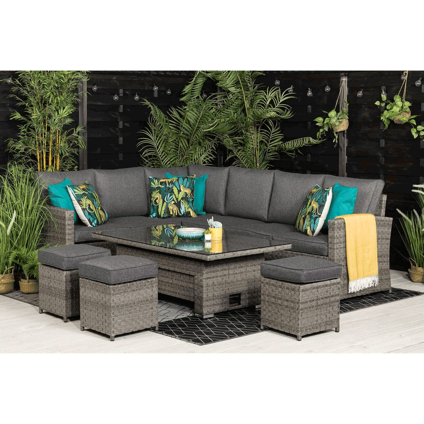 MELODY Corner Sofa with Rising Table and 3 Stools in Grey